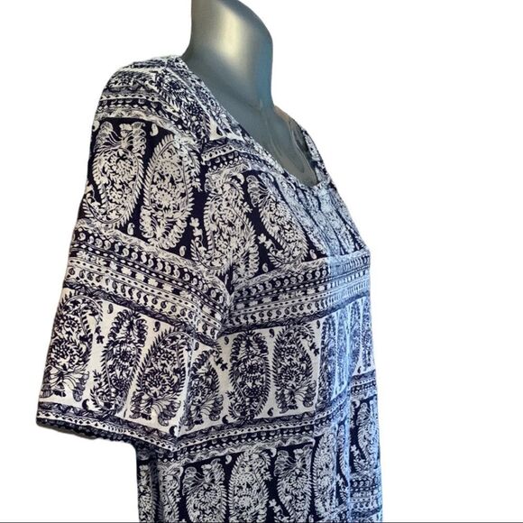 J. Crew Tee Shirt Dress Short Sleeve Navy & Ivory Boho Print 100% Cotton Medium - Picture 4 of 8
